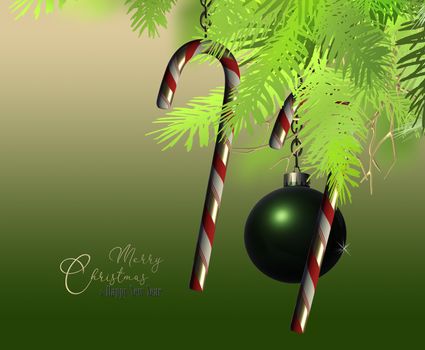 Christmas background with green realistic ball, candy cane and fir branches, magic light. Text Merry Christmas Happy New Year. 3D illustration