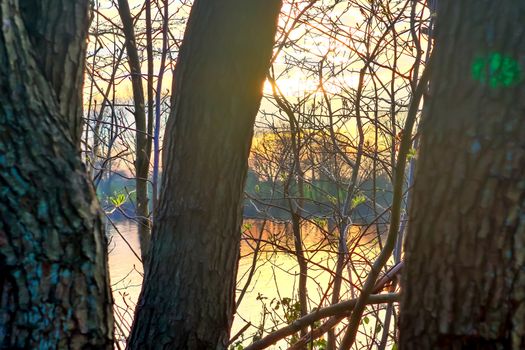 Beautiful sunset landscape at a lake with a reflective water surface.