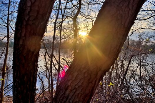 Beautiful sunset landscape at a lake with a reflective water surface.