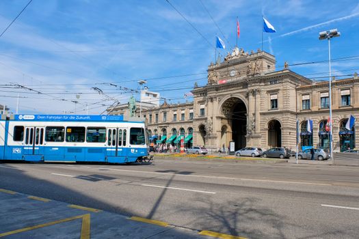 Zurich, Switzerland - 29 March : a tram passing along Bahnhofbrucke bridge in the city of Zurich. Trams make an important contribution to public transport of the city at 29 March 2017