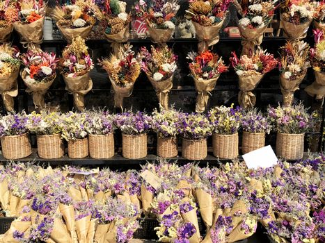 Dry flower hanging on the street. Vintage decoation for cafe and resturant