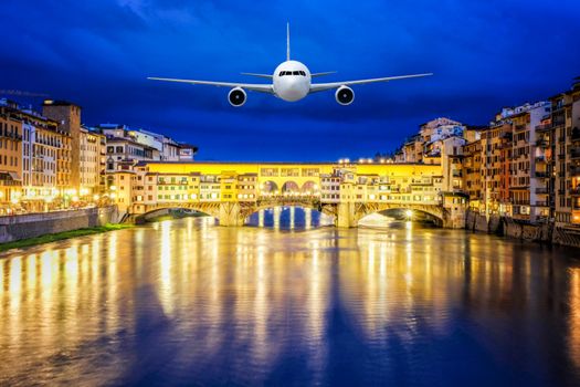 Front of real plane aircraft, on Ponte Vecchio bridge Nigth view of Florence, Italy background