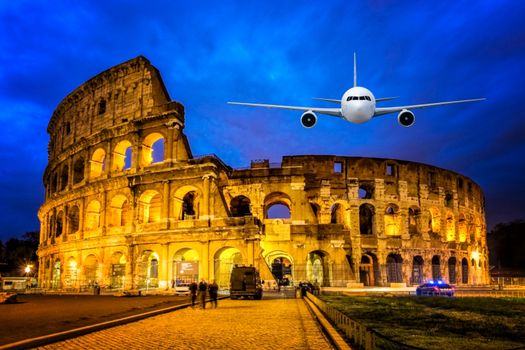 Front of real plane aircraft, on Colosseum Nigth view of Rome, Italy background