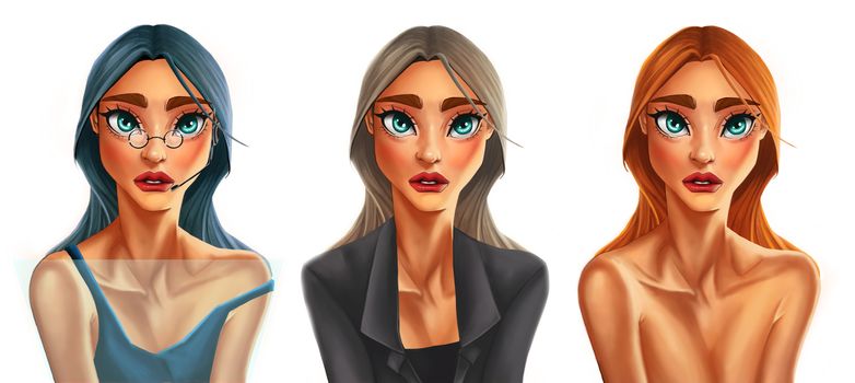 Digital painting woman in defferent styles: business girl, healthy girl, and social girl on white background