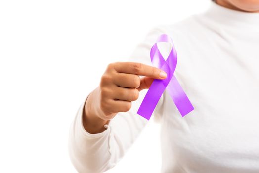 National Epilepsy or Alzheimer disease Day. Young woman holding purple ribbon on hand symbol of Pancreatic cancer, Epilepsy awareness and world Lupus Day and world cancer isolated white background