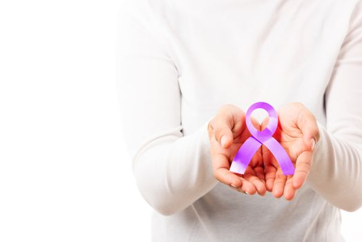 National Epilepsy or Alzheimer disease Day. Young woman holding purple ribbon on hand symbol of Pancreatic cancer, Epilepsy awareness and world Lupus Day and world cancer isolated white background