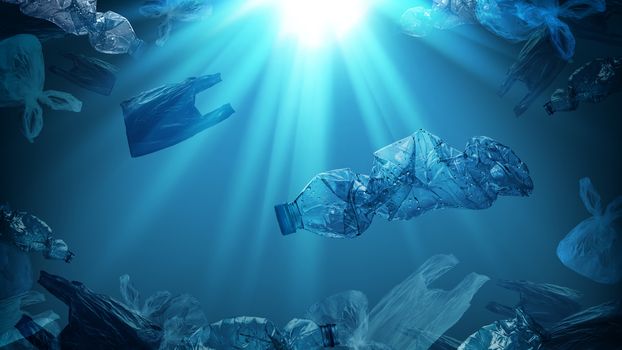 creative background of PET plastic bottles and single-use plastic bags floating in sea or ocean with rays of sunlight effect, polyethylene terephthalate plastic, concept of environmental pollution.