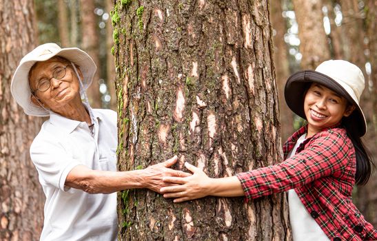 An adult daughter with senior father hugging a tree in the woods. Earth's day concept with people protecting the trees from deforestation.