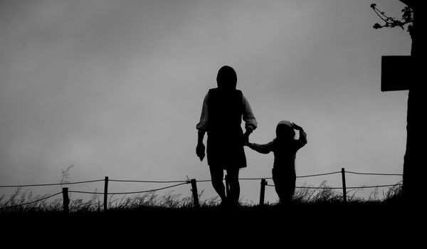 The silhouette of mother holding her daughter's hand walking on lawn in the park.