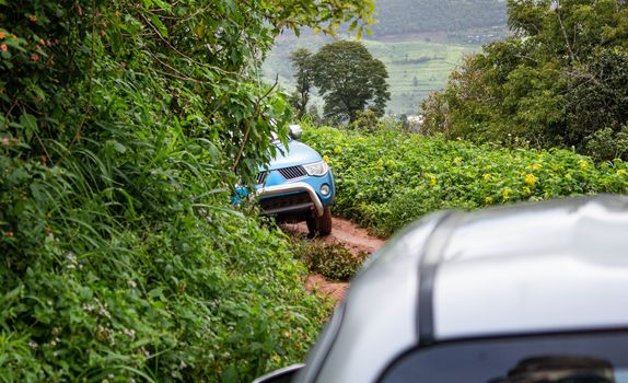 Dirt road for cars up the Doi Mae Tho with beautiful trees and green meadows, Hot District, Chiang Mai, Thailand.