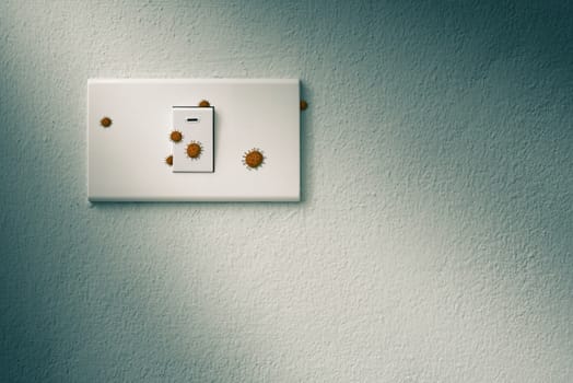 wall mounted light switch on concrete wall with virus or germ effect, people should clean it as often as possible, concept of COVID-19 spread and prevention, dramatic tone effect