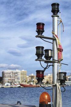 Lighting equipment on a boat under blue sky