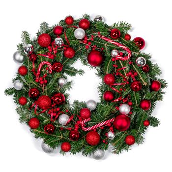 Christmas green fir tree wreath and decoration isolated on white background