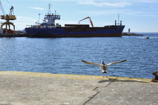 Merchant ship unloading at the dock in Santa Pola