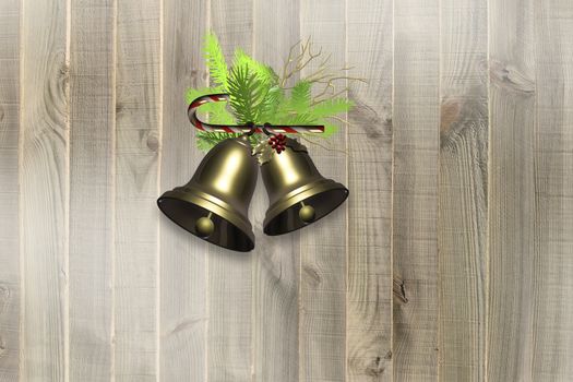 Holiday Christmas on wooden background. Gold shiny realistic Christmas bells, candy cane, fir branches on rustic wood. Place for text. 3D illustration