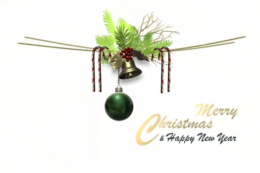 Christmas holiday background border on white. Symbol of Christmas. Xmax ball, candy cane, gold bell, fir branches over white background. Copy space, place for text, web border, header. 3D illustration