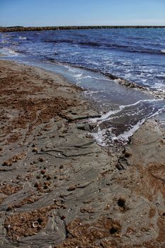 Oceanic Posidonia remains on the shore after the storm in Santa Pola, Spain