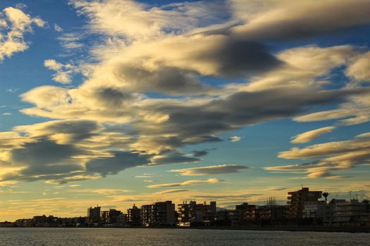 Colorful and Beautiful sky and sea at Sunset in Santa Pola, a small fishing village in southern Spain