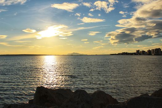 Colorful and Beautiful sky and sea at Sunset in Santa Pola, a small fishing village in southern Spain