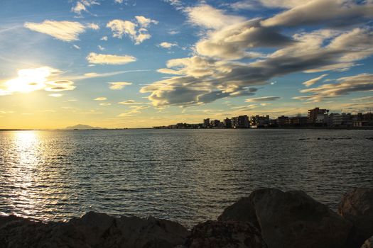Colorful and Beautiful sky and sea at Sunset in Santa Pola, a small fishing village in southern Spain