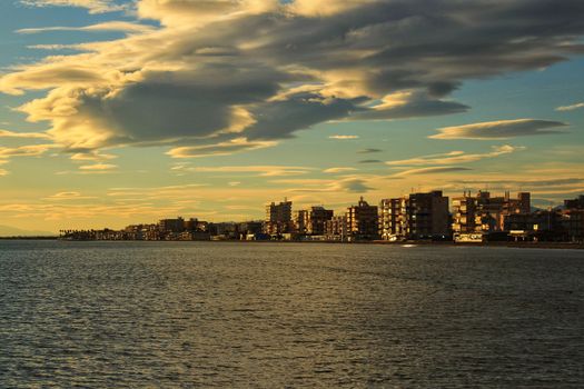 Colorful and Beautiful sky and sea at Sunset in Santa Pola, a small fishing village in southern Spain