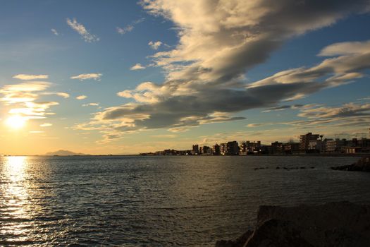 Colorful and Beautiful sky and sea at Sunset in Santa Pola, a small fishing village in southern Spain