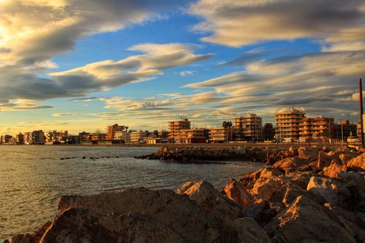 Colorful and Beautiful sky and sea at Sunset in Santa Pola, a small fishing village in southern Spain