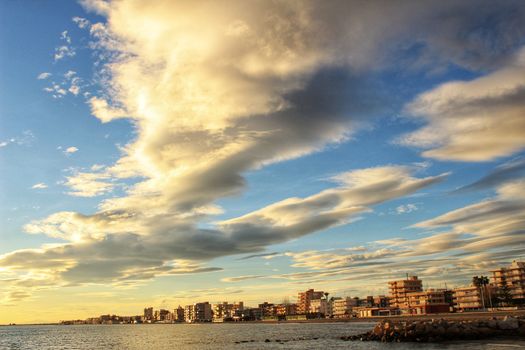 Colorful and Beautiful sky and sea at Sunset in Santa Pola, a small fishing village in southern Spain