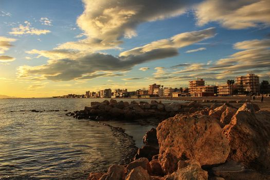Colorful and Beautiful sky and sea at Sunset in Santa Pola, a small fishing village in southern Spain