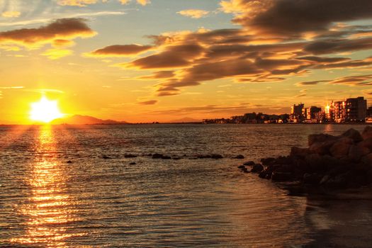 Colorful and Beautiful sky and sea at Sunset in Santa Pola, a small fishing village in southern Spain