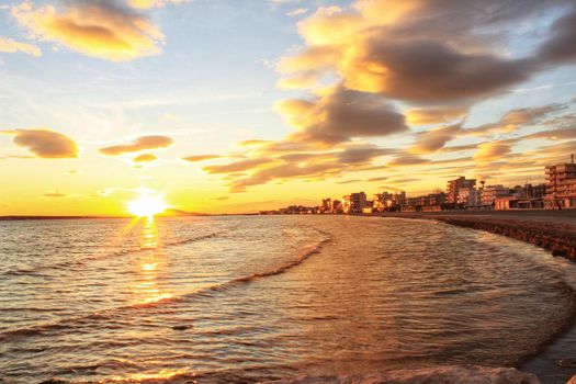 Colorful and Beautiful sky and sea at Sunset in Santa Pola, a small fishing village in southern Spain