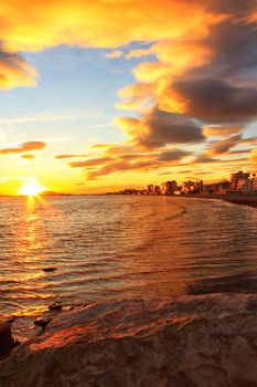 Colorful and Beautiful sky and sea at Sunset in Santa Pola, a small fishing village in southern Spain