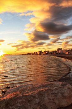 Colorful and Beautiful sky and sea at Sunset in Santa Pola, a small fishing village in southern Spain