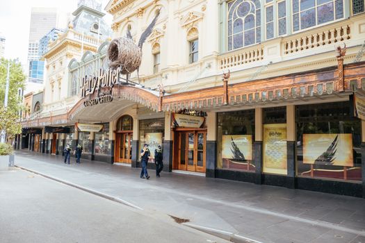 Melbourne, Australia - October 18, 2020: Victoria police patrol Melbourne CBD streets around Princess Theatre during the Coronavirus pandemic and associated lockdown.