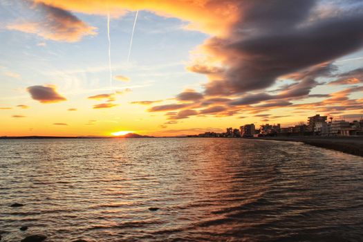 Colorful and Beautiful sky and sea at Sunset in Santa Pola, a small fishing village in southern Spain