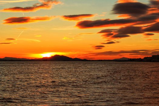 Colorful and Beautiful sky and sea at Sunset in Santa Pola, a small fishing village in southern Spain