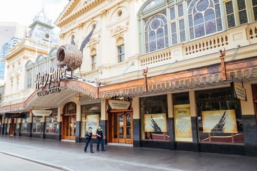 Melbourne, Australia - October 18, 2020: Victoria police patrol Melbourne CBD streets around Princess Theatre during the Coronavirus pandemic and associated lockdown.