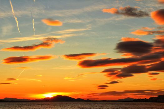 Colorful and Beautiful sky and sea at Sunset in Santa Pola, a small fishing village in southern Spain