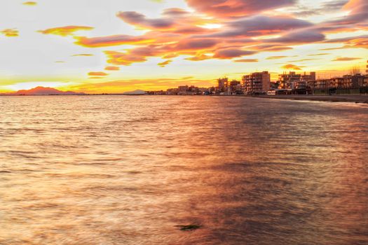 Colorful and Beautiful sky and sea at Sunset in Santa Pola, a small fishing village in southern Spain