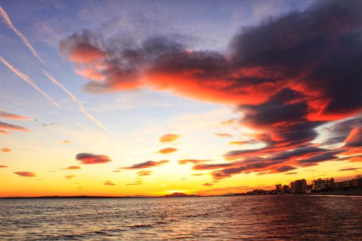 Colorful and Beautiful sky and sea at Sunset in Santa Pola, a small fishing village in southern Spain