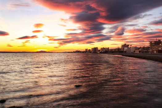 Colorful and Beautiful sky and sea at Sunset in Santa Pola, a small fishing village in southern Spain