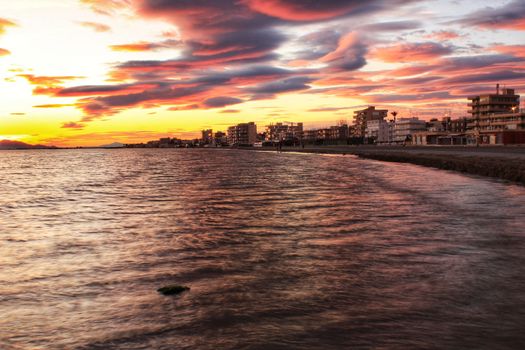 Colorful and Beautiful sky and sea at Sunset in Santa Pola, a small fishing village in southern Spain