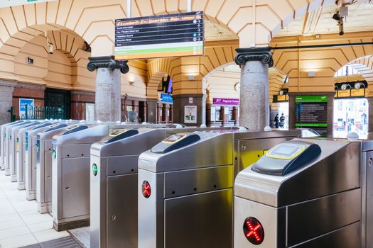 Melbourne, Australia - October 18, 2020: Flinders St Station in Melbourne is quiet and empty during the Coronavirus pandemic and associated lockdown.