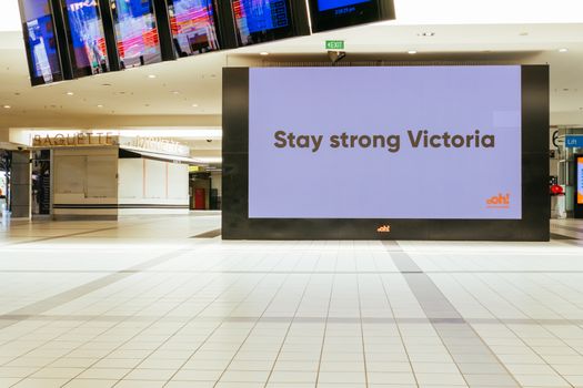 Melbourne, Australia - October 18, 2020: Flinders St Station in Melbourne is quiet and empty during the Coronavirus pandemic and associated lockdown.