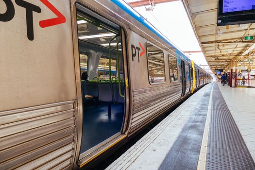 Melbourne, Australia - October 18, 2020: Flinders St Station in Melbourne is quiet and empty during the Coronavirus pandemic and associated lockdown.