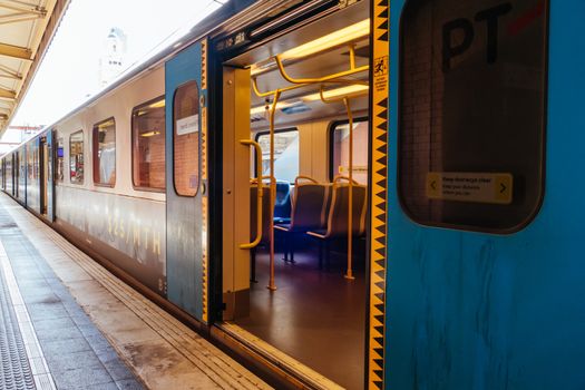 Melbourne, Australia - October 18, 2020: Flinders St Station in Melbourne is quiet and empty during the Coronavirus pandemic and associated lockdown.
