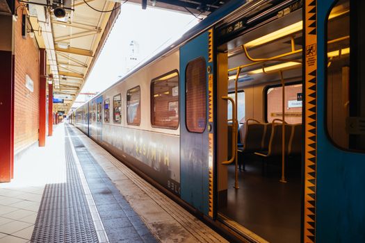 Melbourne, Australia - October 18, 2020: Flinders St Station in Melbourne is quiet and empty during the Coronavirus pandemic and associated lockdown.
