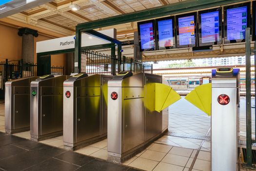 Melbourne, Australia - October 18, 2020: Flinders St Station in Melbourne is quiet and empty during the Coronavirus pandemic and associated lockdown.