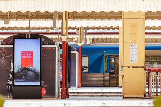 Melbourne, Australia - October 18, 2020: Flinders St Station in Melbourne is quiet and empty during the Coronavirus pandemic and associated lockdown.