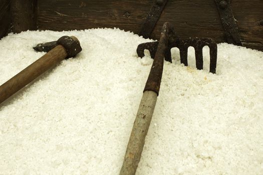 Sea salt stored for processed and old tools in Santa Pola, Spain